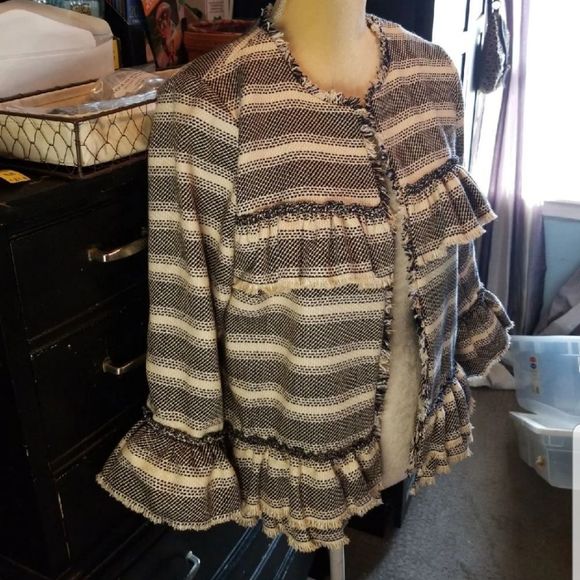Kie & Kate Couture Woven Ruffled Frill Jacket Sz M, Navy & Cream - Picture 2 of 12